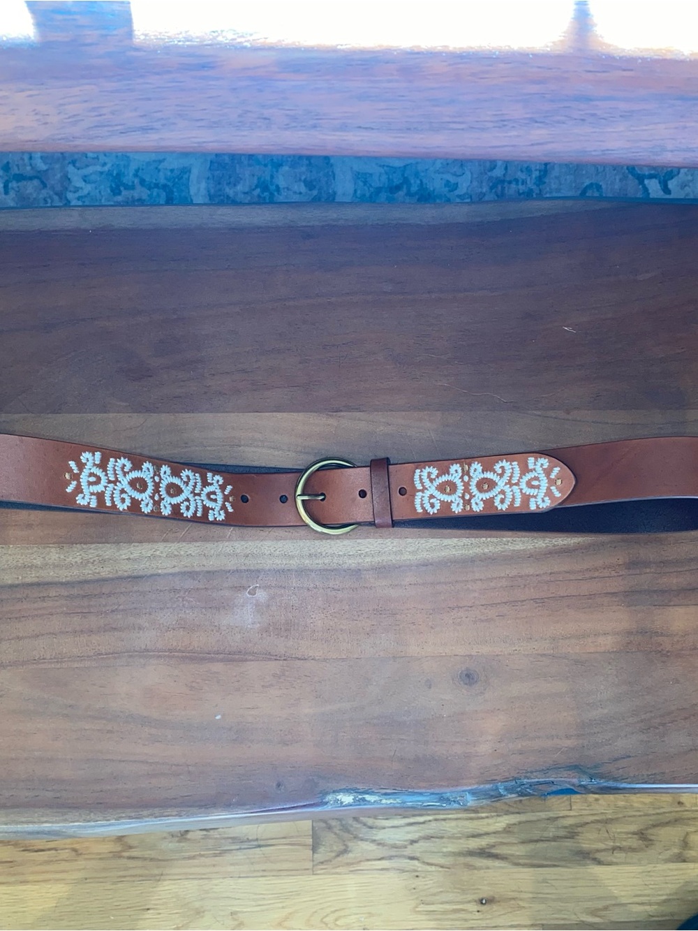 J Jill Brown Leather Embroidered Belt with Brass Ring XL
